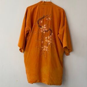1960s Gold Orange Cherry Blossom Embroidered Kimono Robe